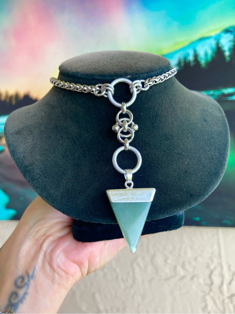 Adventurine triangle charm stainless steel maille celtic knot lariat Y necklace